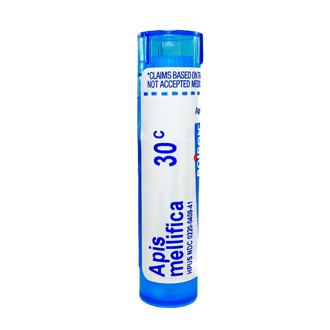 Blue-capped tube labeled “Apis mellifica 30C” on a white background
