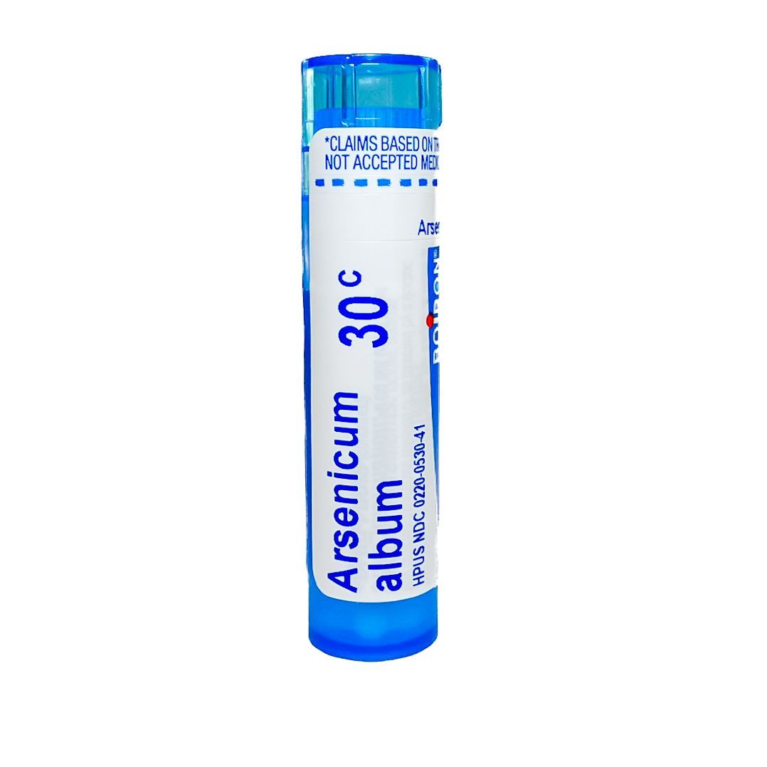 Blue homeopathic medicine vial labeled “Arsenicum album 30C” on a white background