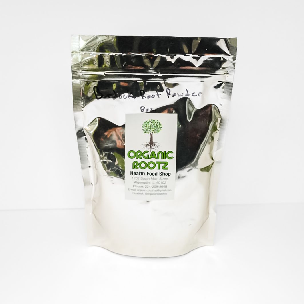 Silver resealable pouch labeled “Organic Rootz” with a tree logo on a white background