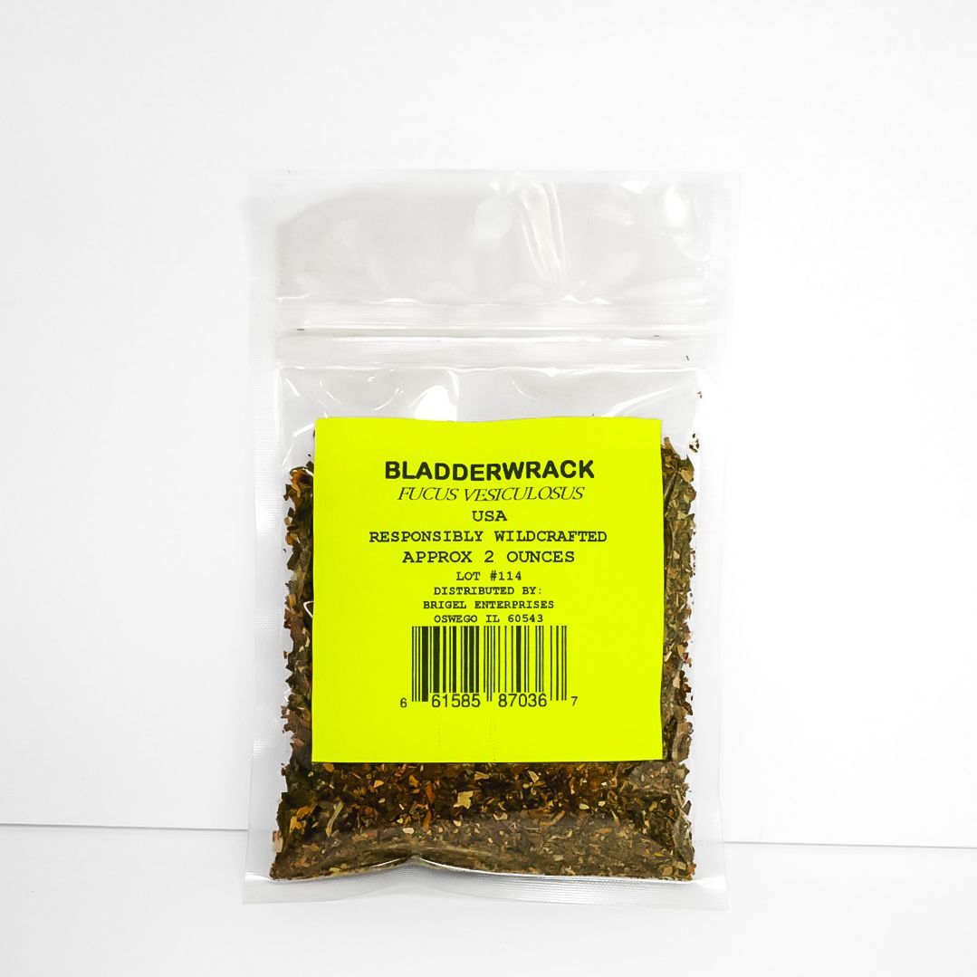 Clear plastic bag of dried herbs with a bright yellow label and barcode on a white background
