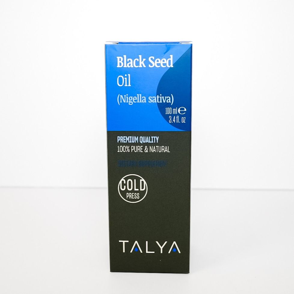 Tall black and blue bottle box labeled Black Seed Oil by TALYA, gold press, on white background