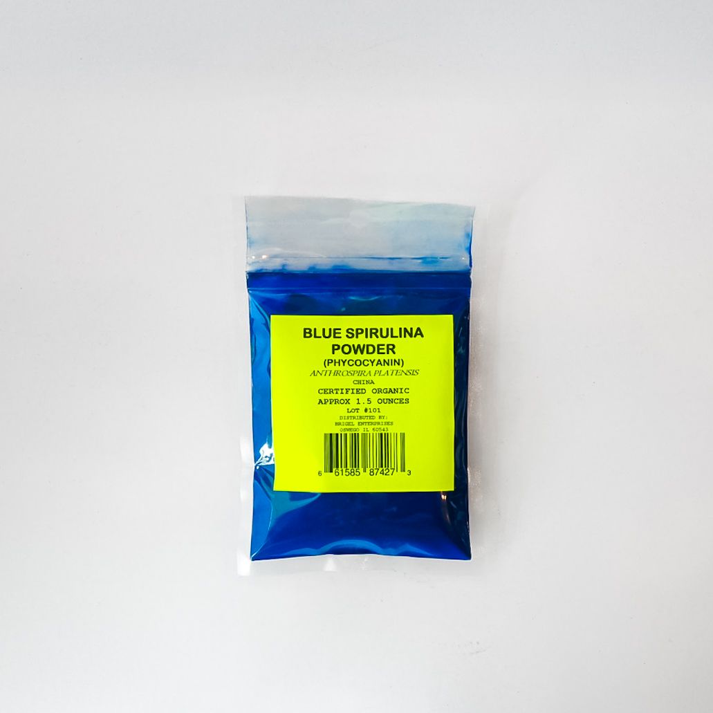 Blue packet with yellow label on a white background