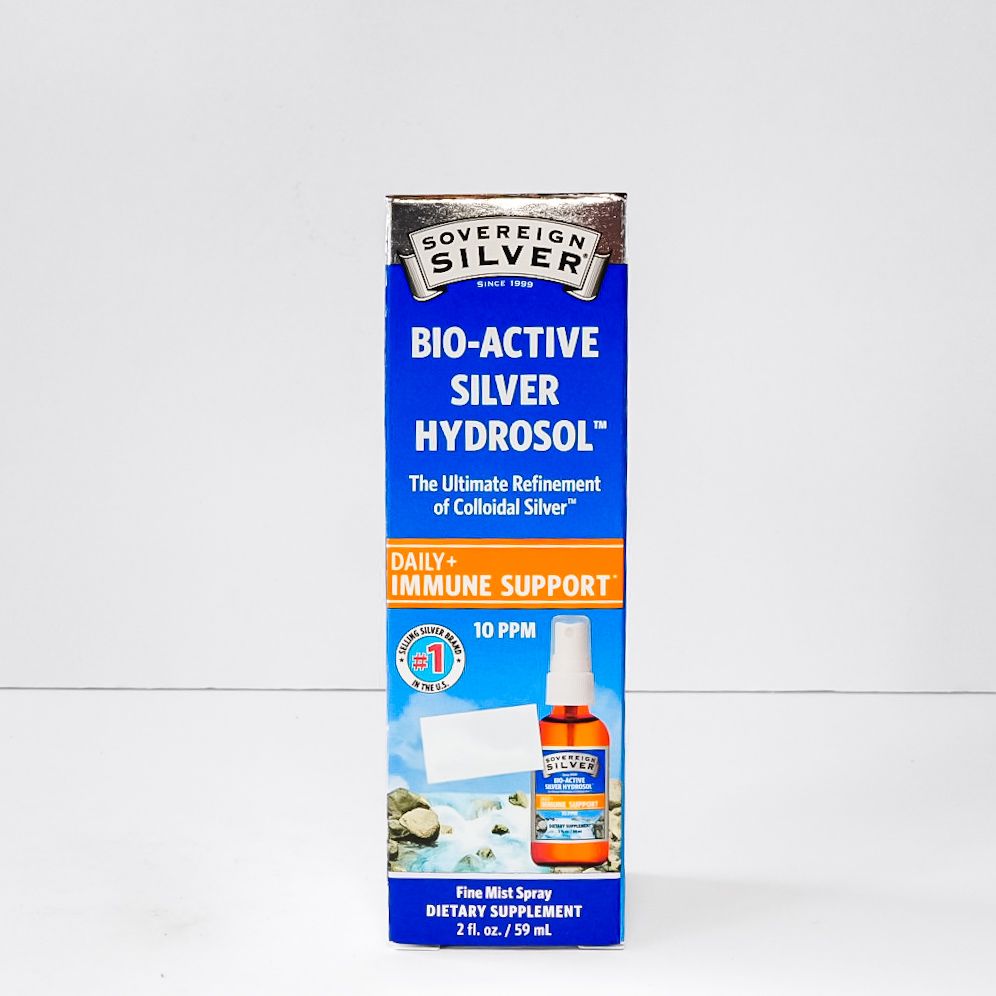 Blue Sovereign Silver Bio-Active Silver Hydrosol supplement box on a white background