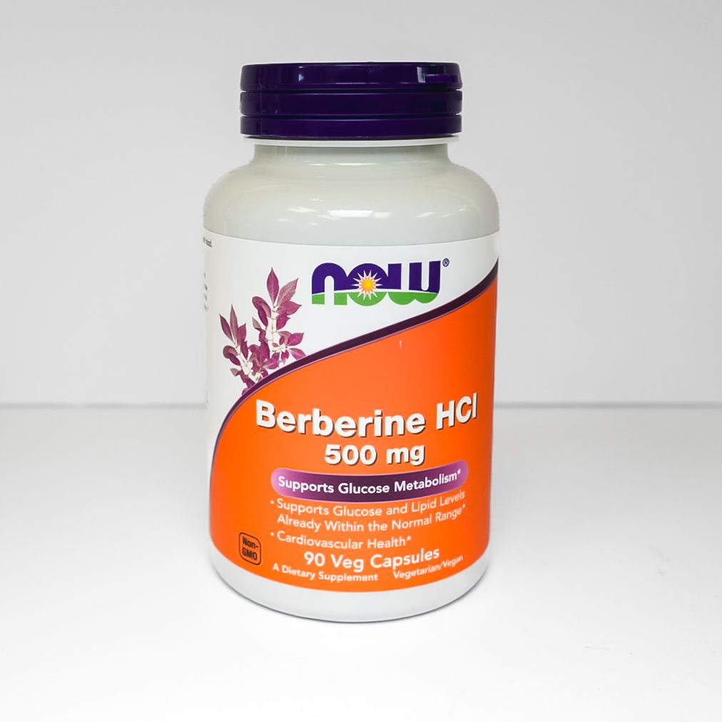 NOW Berberine HCl 500 mg supplement bottle with orange label and purple cap