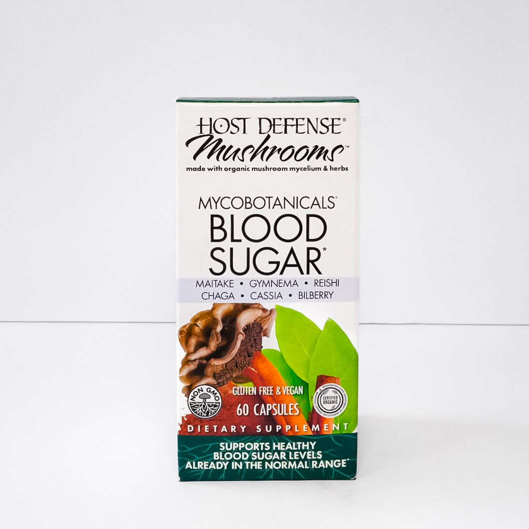 Host Defense Mushrooms MycoBotanical Blood Sugar supplement box with green leaves and mushrooms.