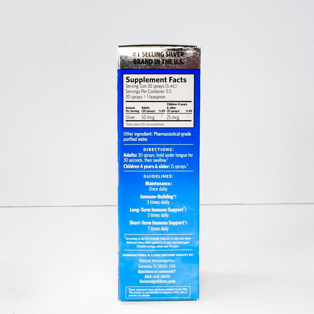 Blue Sovereign Silver Bio-Active Silver Hydrosol supplement box on a white background