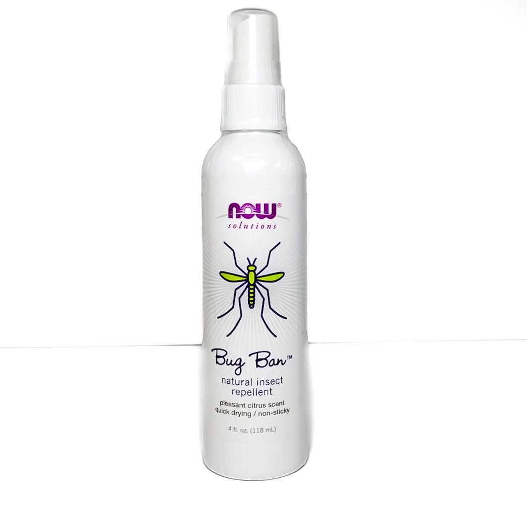White spray bottle labeled “Bug Ban” with a green insect illustration.
