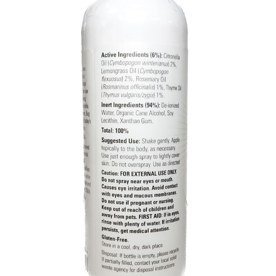 White spray bottle labeled “Bug Ban” with a green insect illustration.