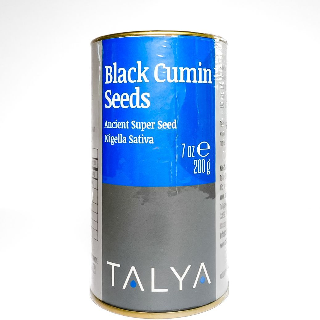 TALYA Black Cumin Seeds can with blue and gray label text
