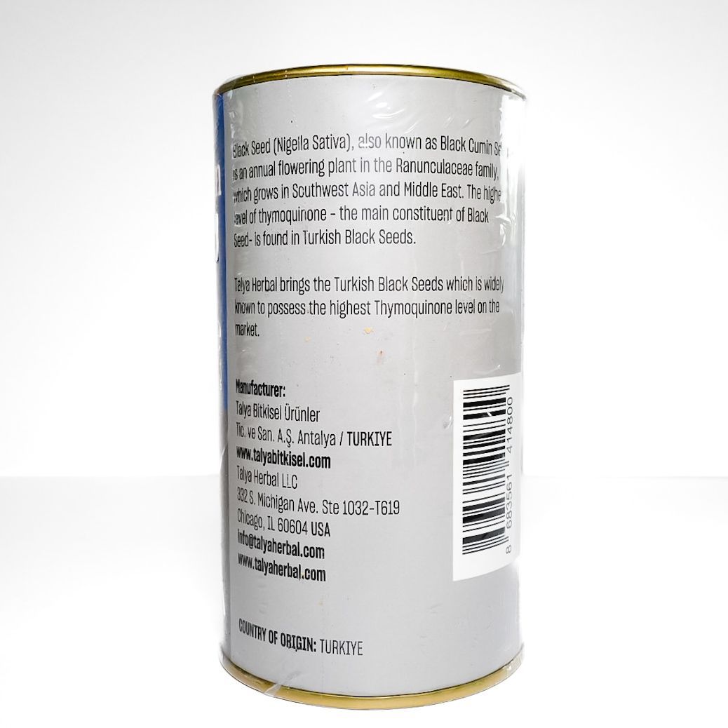 TALYA Black Cumin Seeds can with blue and gray label text