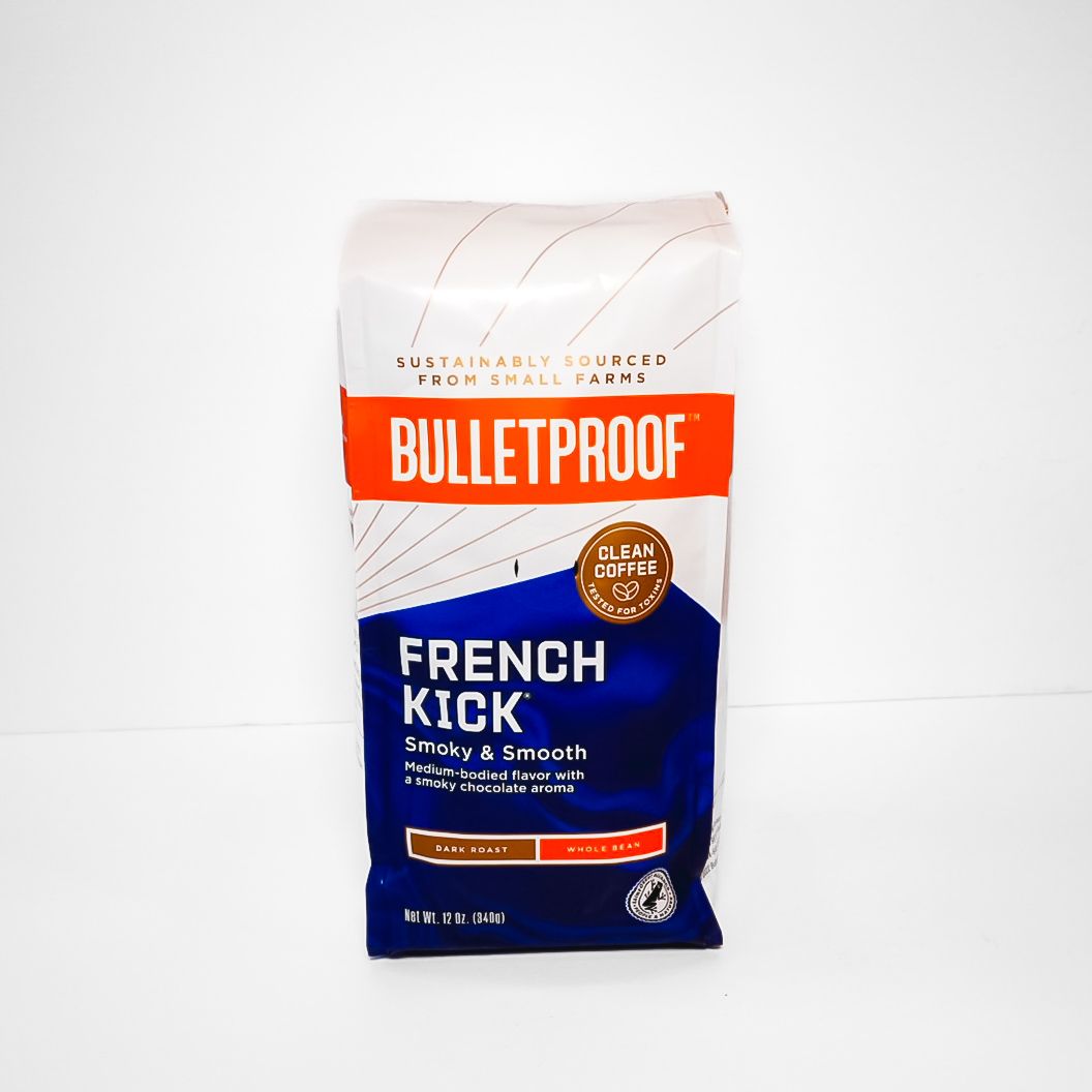 Bulletproof French Kick coffee bag, white and blue packaging with orange logo on a white background