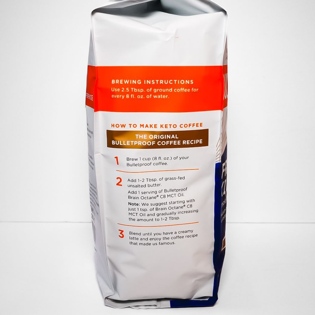 Bulletproof French Kick coffee bag, white and blue packaging on a plain background