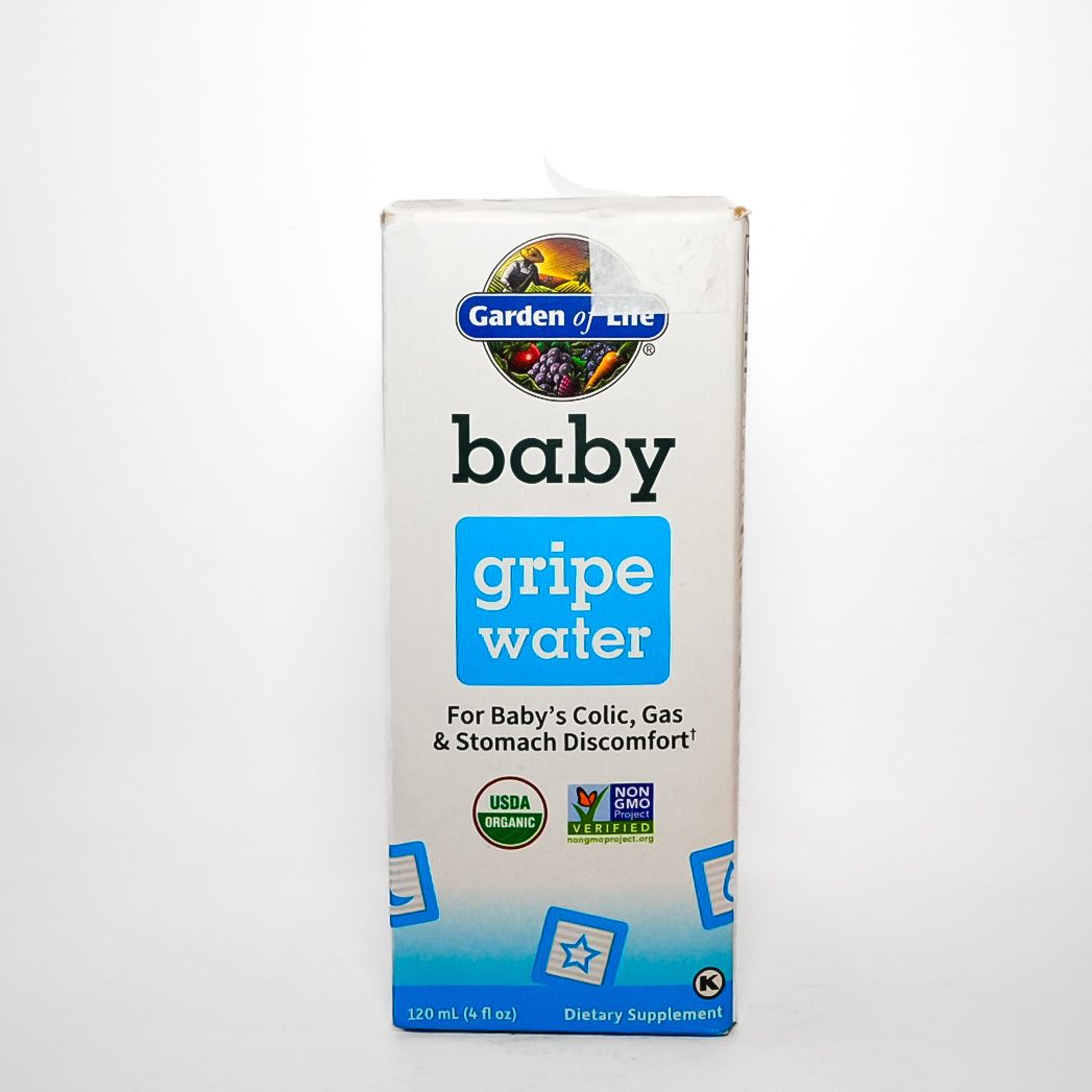 White box of Garden baby gripe water with blue label on a plain background