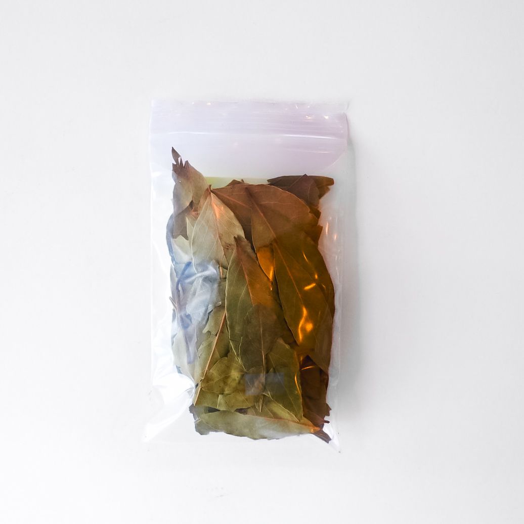 Clear plastic bag of dried leaves with a bright yellow label on a white background