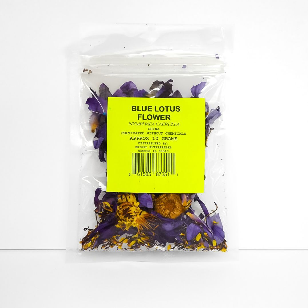 Bag of dried blue lotus flowers with a bright yellow label on a white background