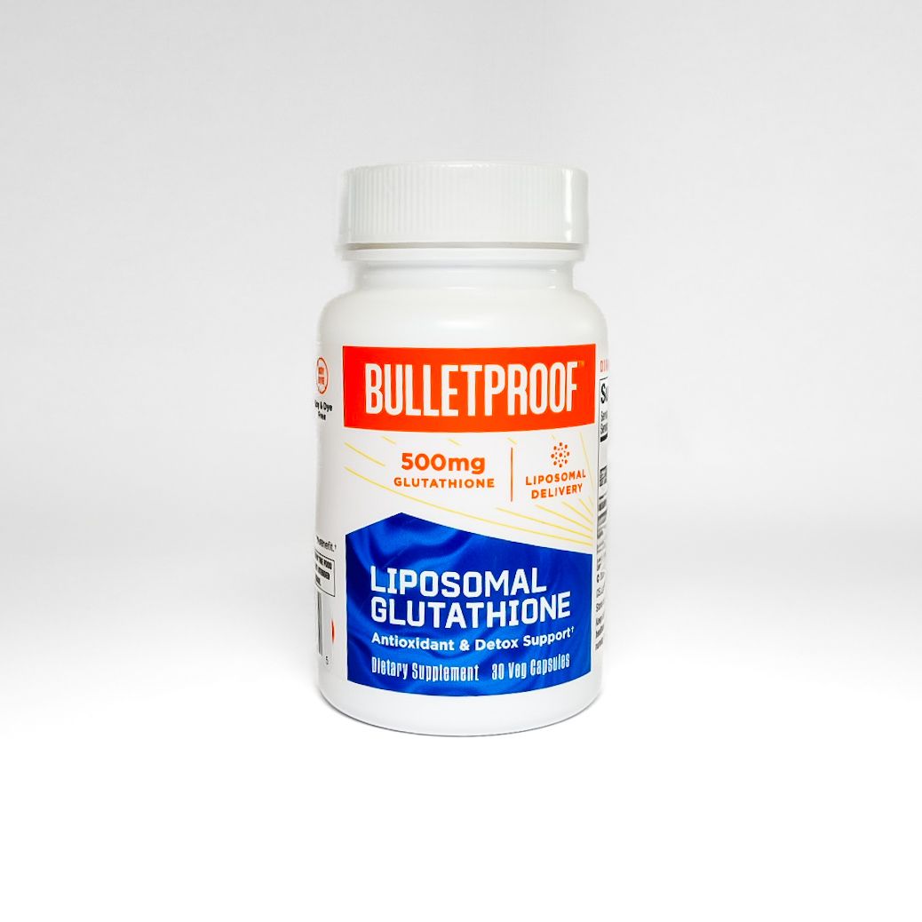 Bottle of Bulletproof Liposomal Glutathione supplement on a white background