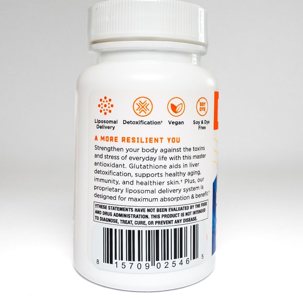 Bottle of Bulletproof Liposomal Glutathione supplement on a white background