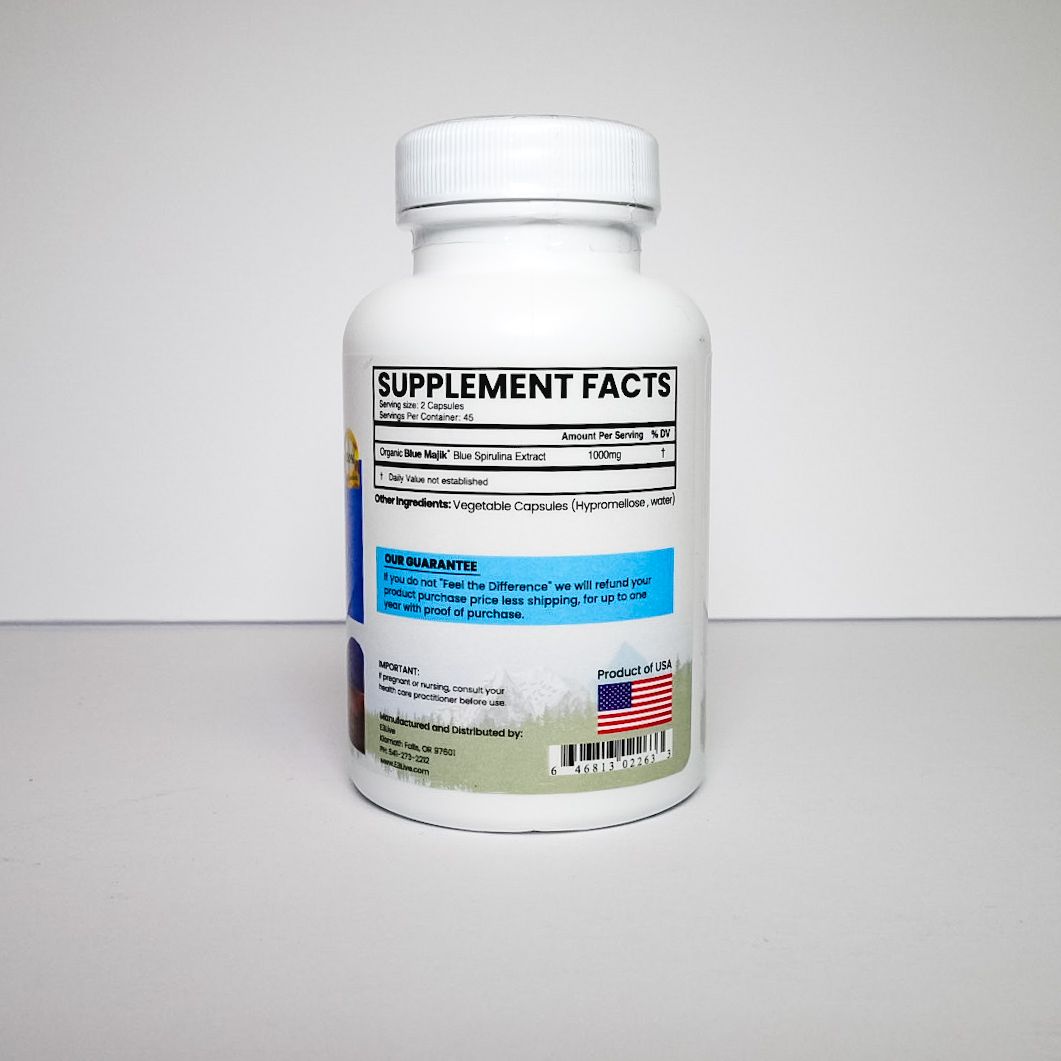 White bottle of Blue Majik dietary supplement with blue and green label on a plain background