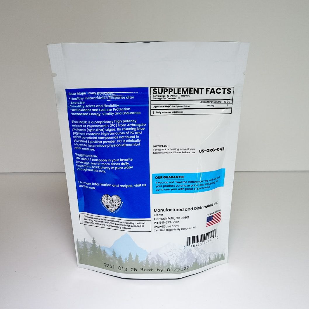 Blue Majik Eslive product pouch with blue and white packaging on a plain white background