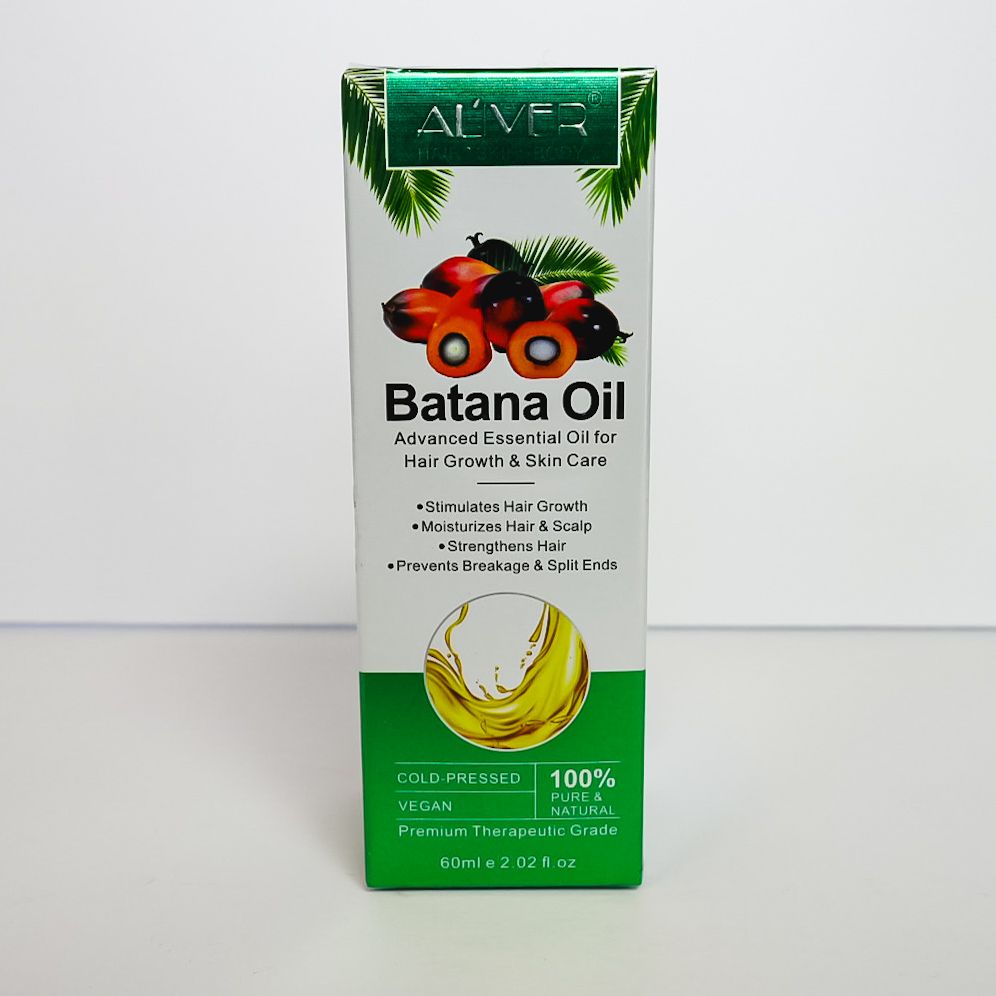 Batana Oil hair care product box, white and green with palm leaves and a coconut graphic