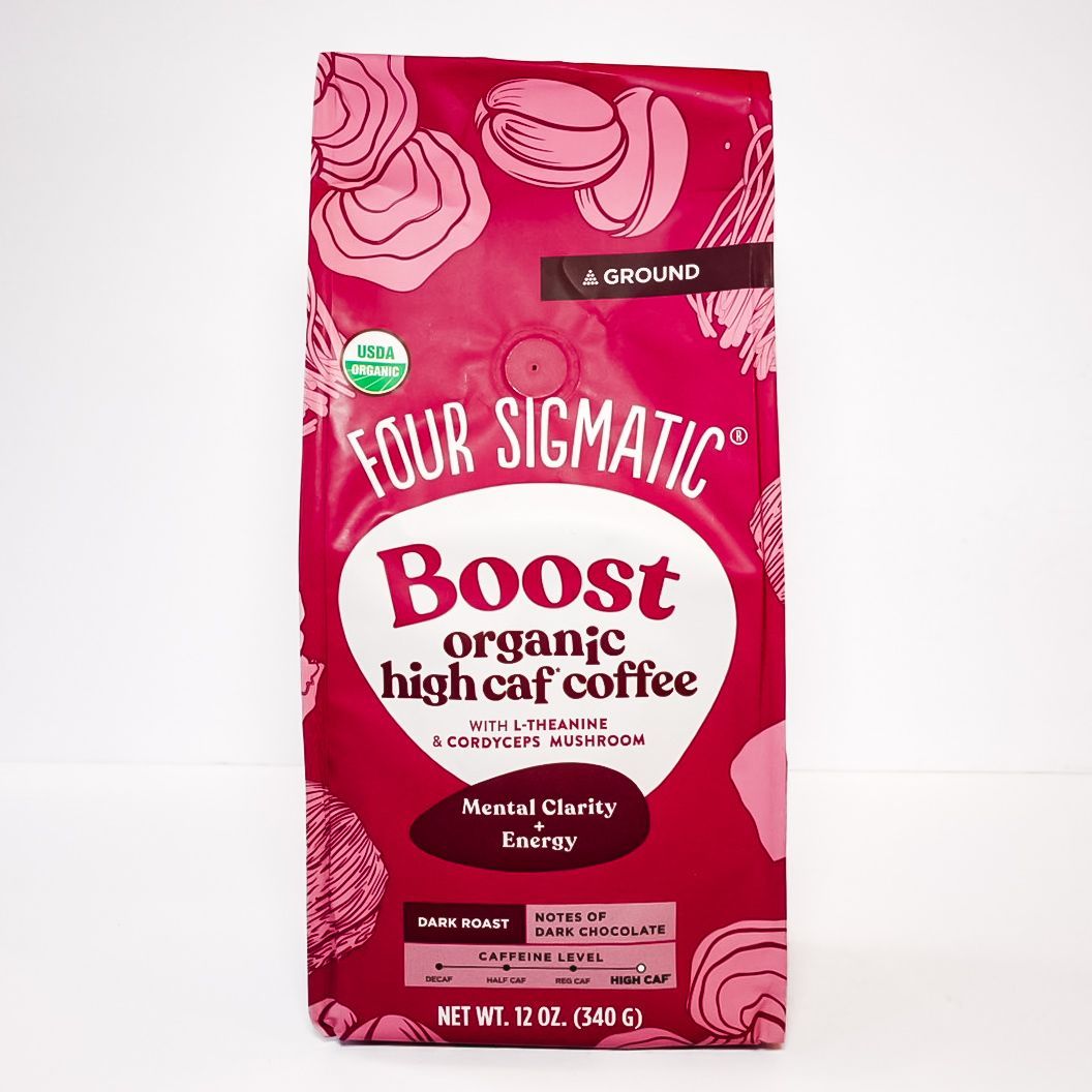 Pink Four Sigmatic Boost organic mushroom coffee package with floral pattern