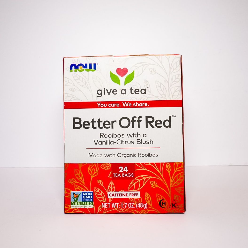 Box of Better Off Red herbal tea with red and white packaging on a plain background