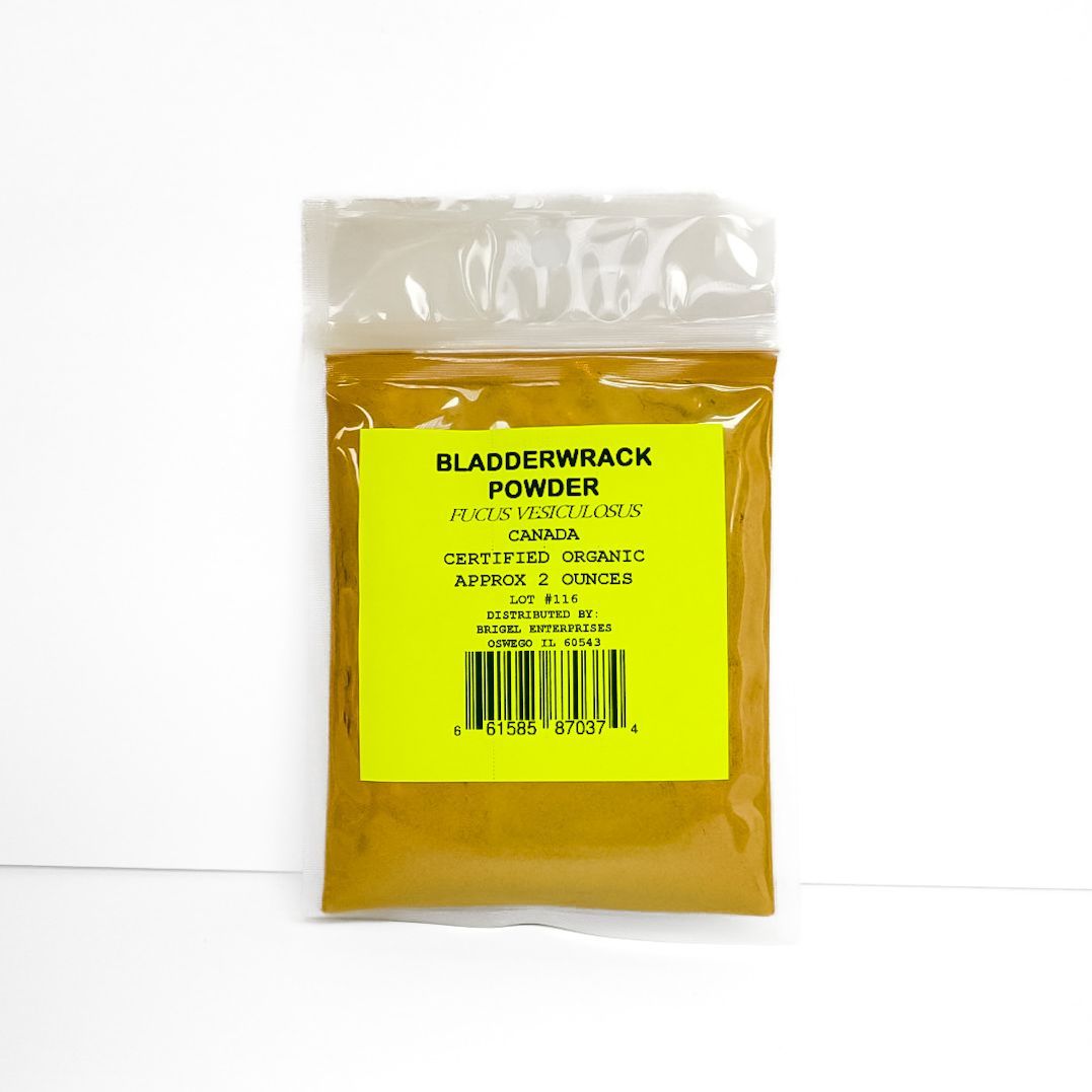 Yellow packet labeled “Bladderwrack Powder” with a clear plastic top on a white background