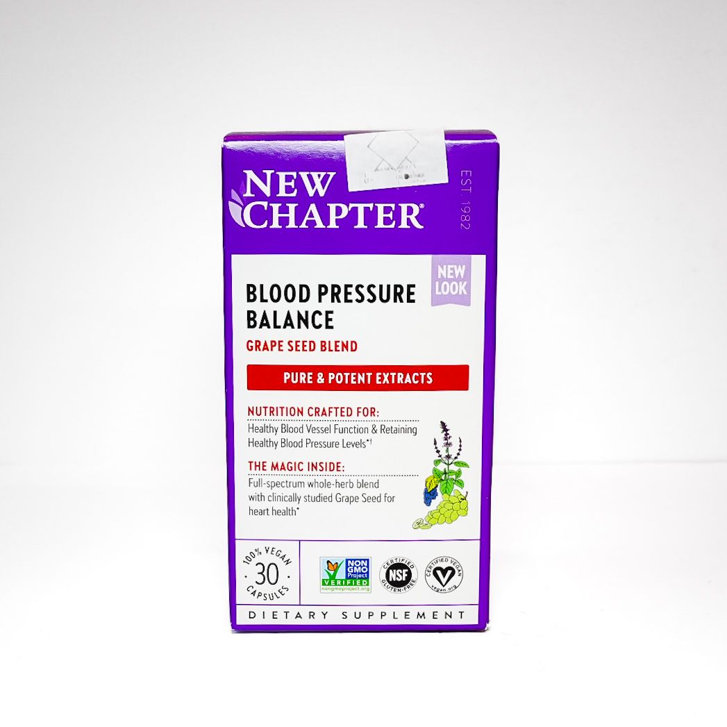 New Chapter Blood Pressure Balance supplement box, white and purple packaging with leaf graphic