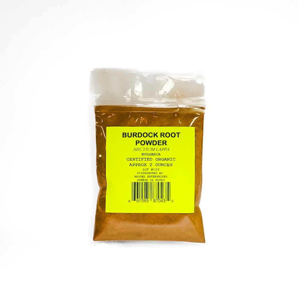 Clear plastic bag of burdock root powder with a yellow label on a white background