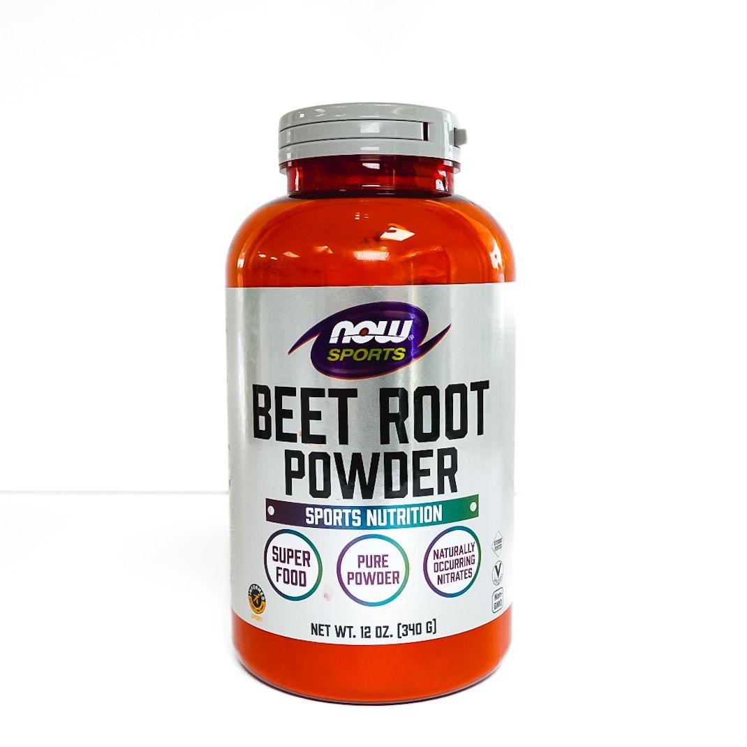 NOW Sports Beet Root Powder supplement bottle with orange contents and white label on a white background