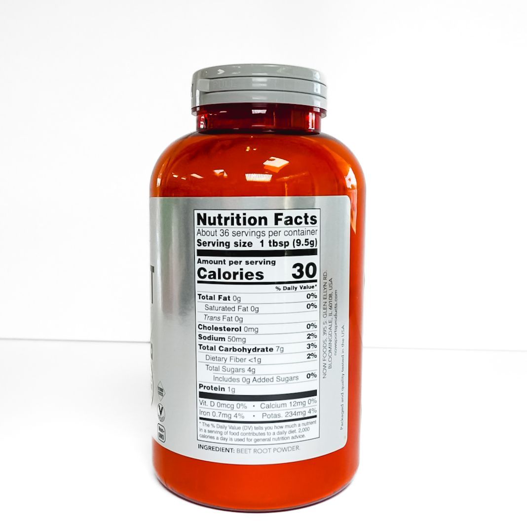 NOW Sports Beet Root Powder supplement bottle with orange contents and white label on a white background
