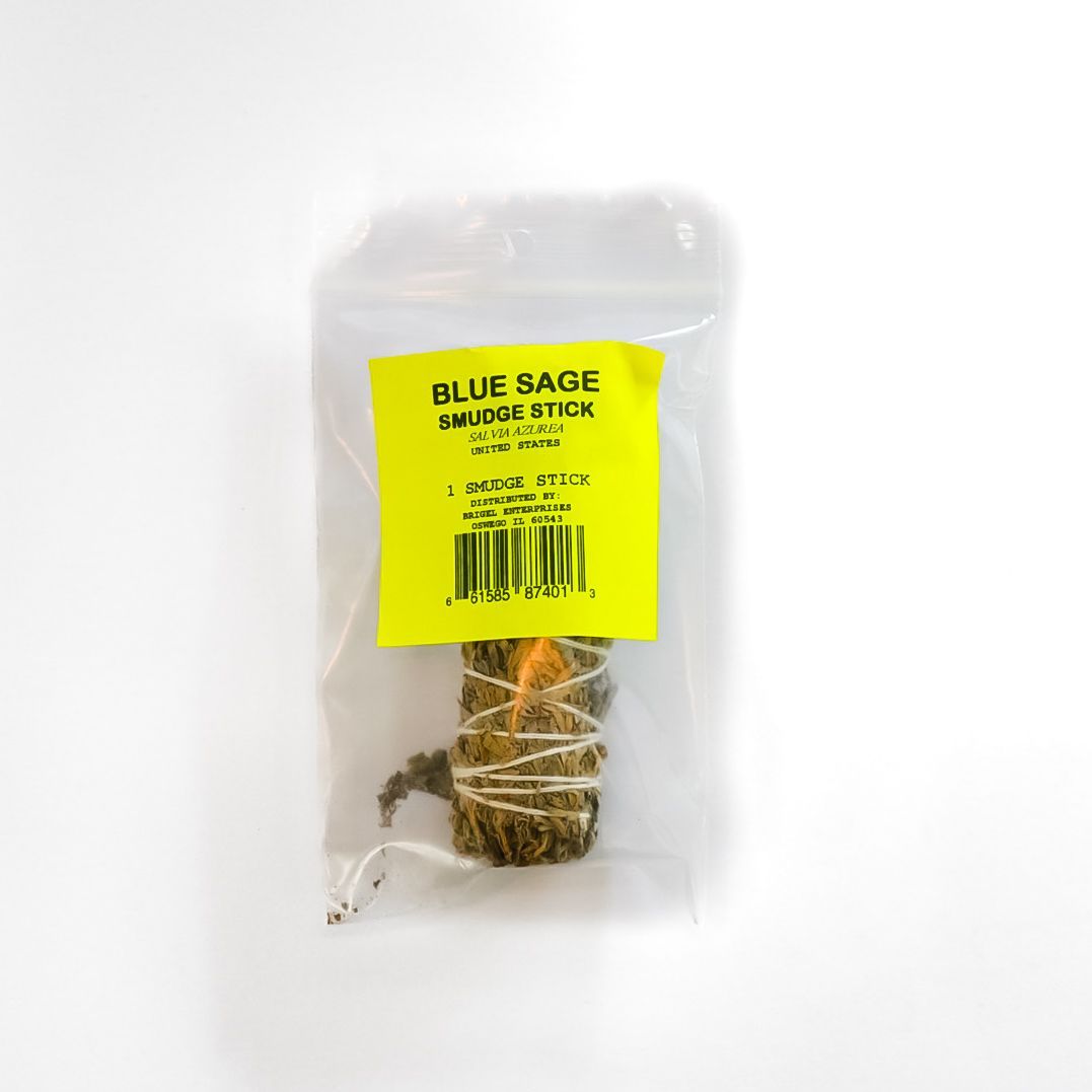Wrapped blue sage bundle in clear plastic with a yellow label on a white background