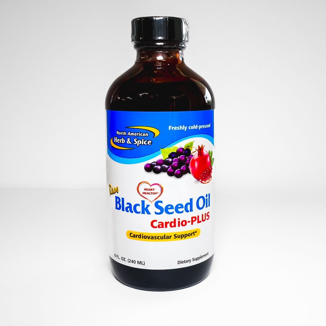 Black Seed Oil Cardio-Plus supplement bottle with blue-and-white label and black cap