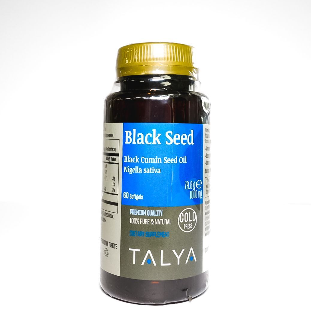 Black Seed black cumin seed oil bottle with blue label and gold cap on white background