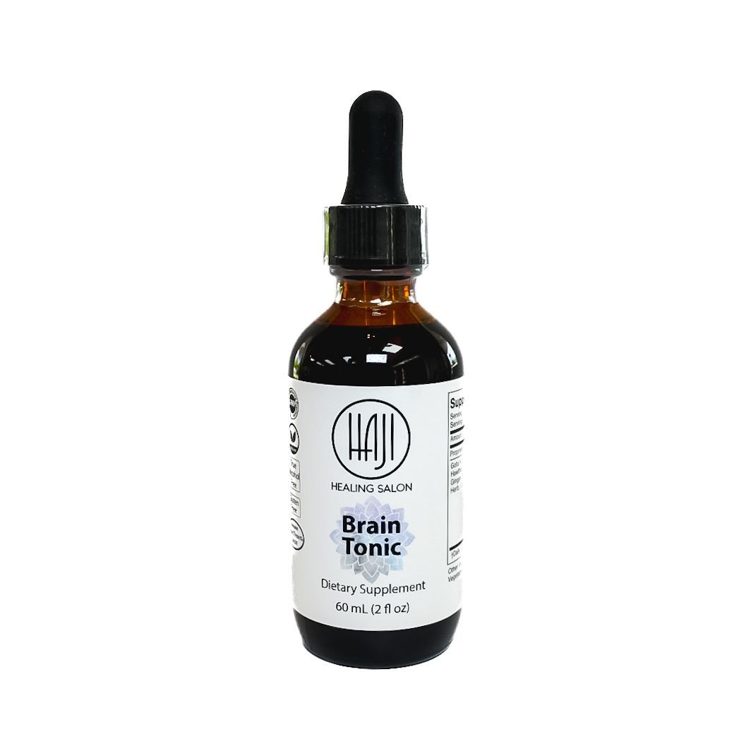 Brown glass dropper bottle labeled “Brain Tonic” on a white background