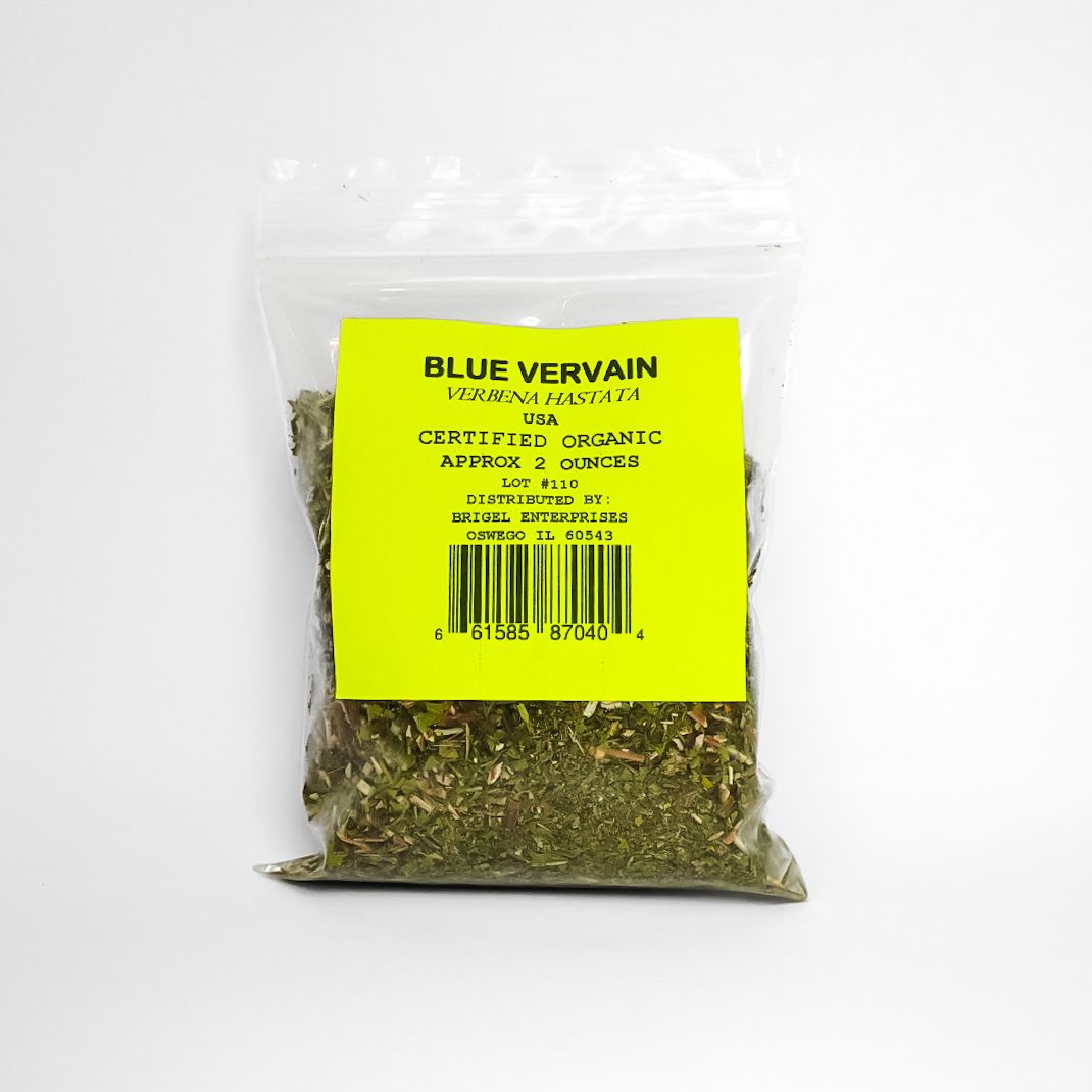 Clear plastic bag of dried blue vervain with a bright yellow label on a white background