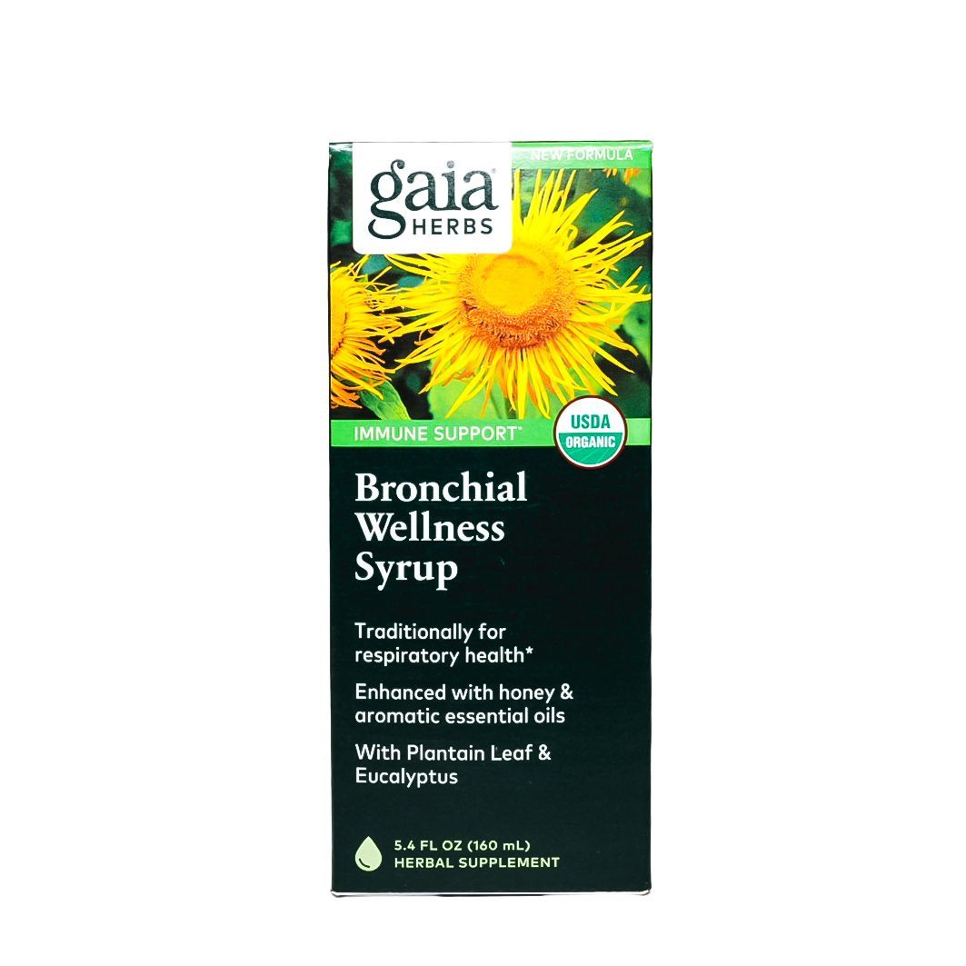 Gaia Herbs Bronchial Wellness Syrup box with yellow flower on green background