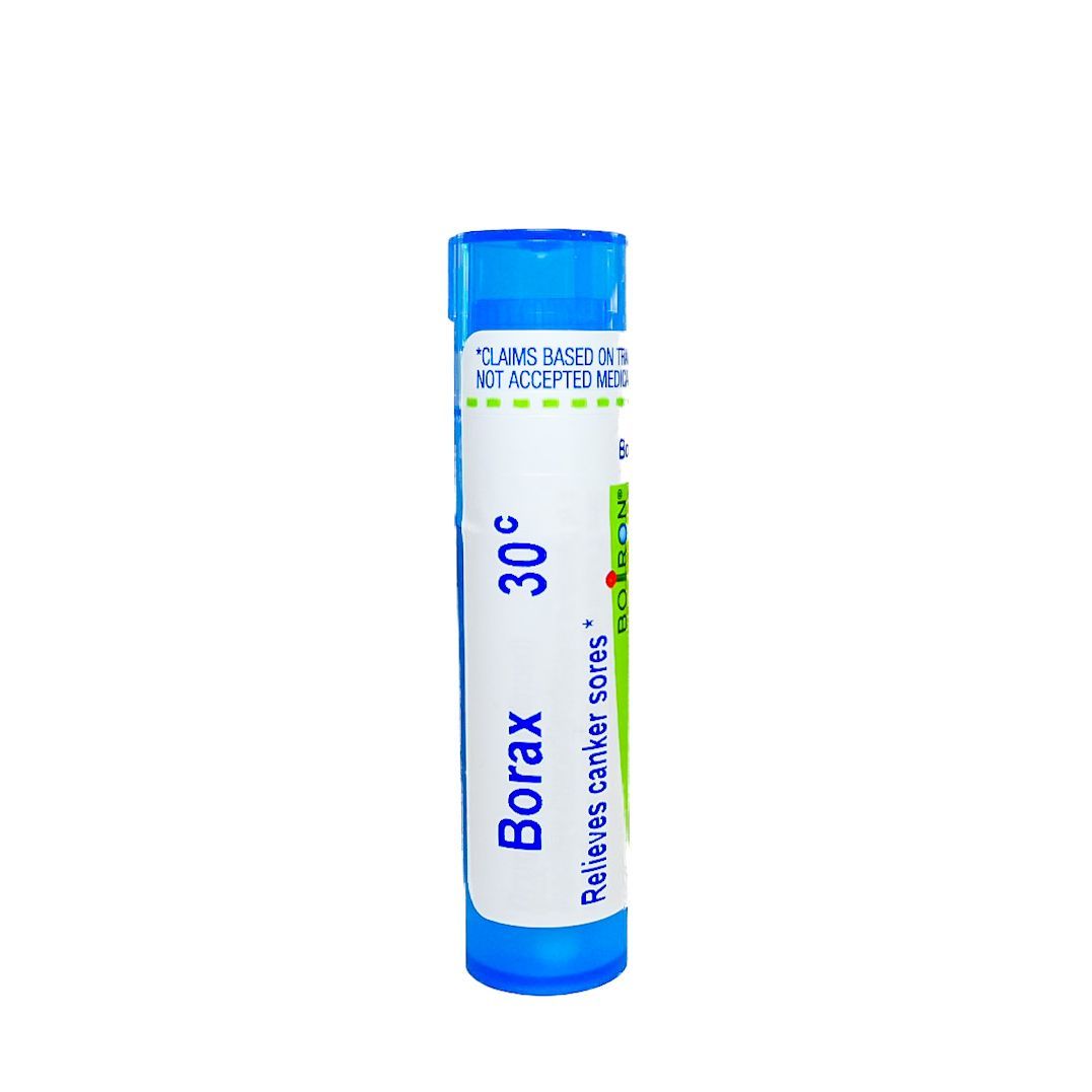 Blue and white Borax 30g bottle on a plain background