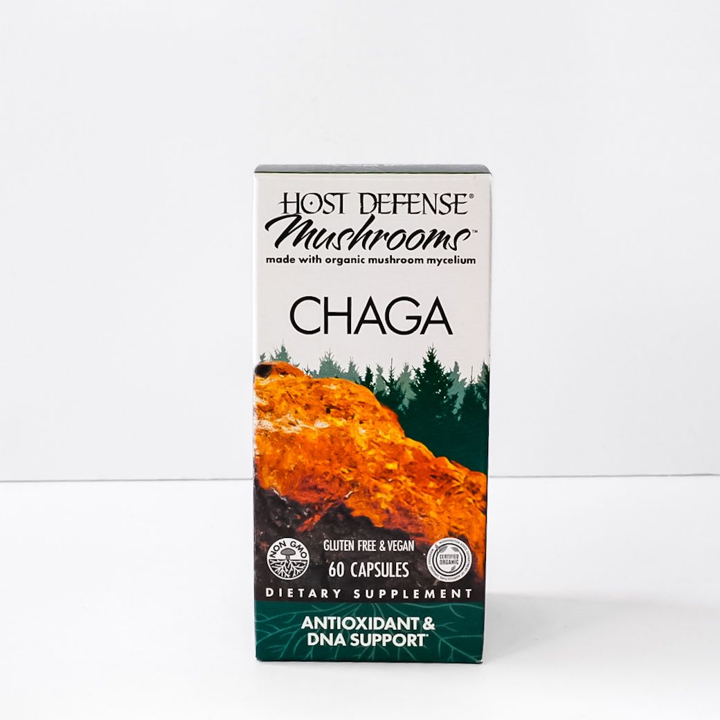 Host Defense Mushrooms Chaga supplement box with orange mushroom graphic and green forest scene