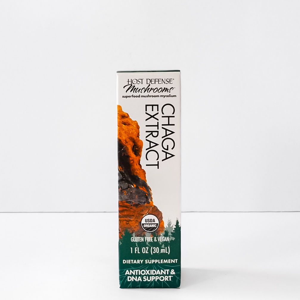 Chaga extract supplement box with orange and green accents on a white background