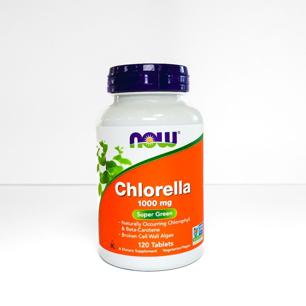NOW Chlorella 1000 mg supplement bottle with purple cap and orange label