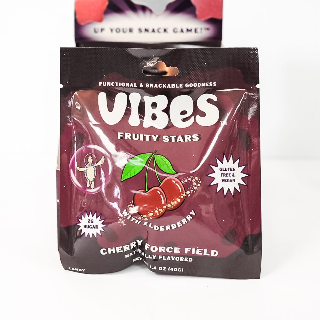 Package of Vibes Fruity Stars cherry-flavored gummy snacks, maroon bag with cherry graphic