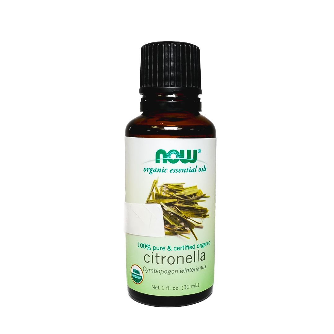 NOW Essential Oils citronella bottle with black cap on white background