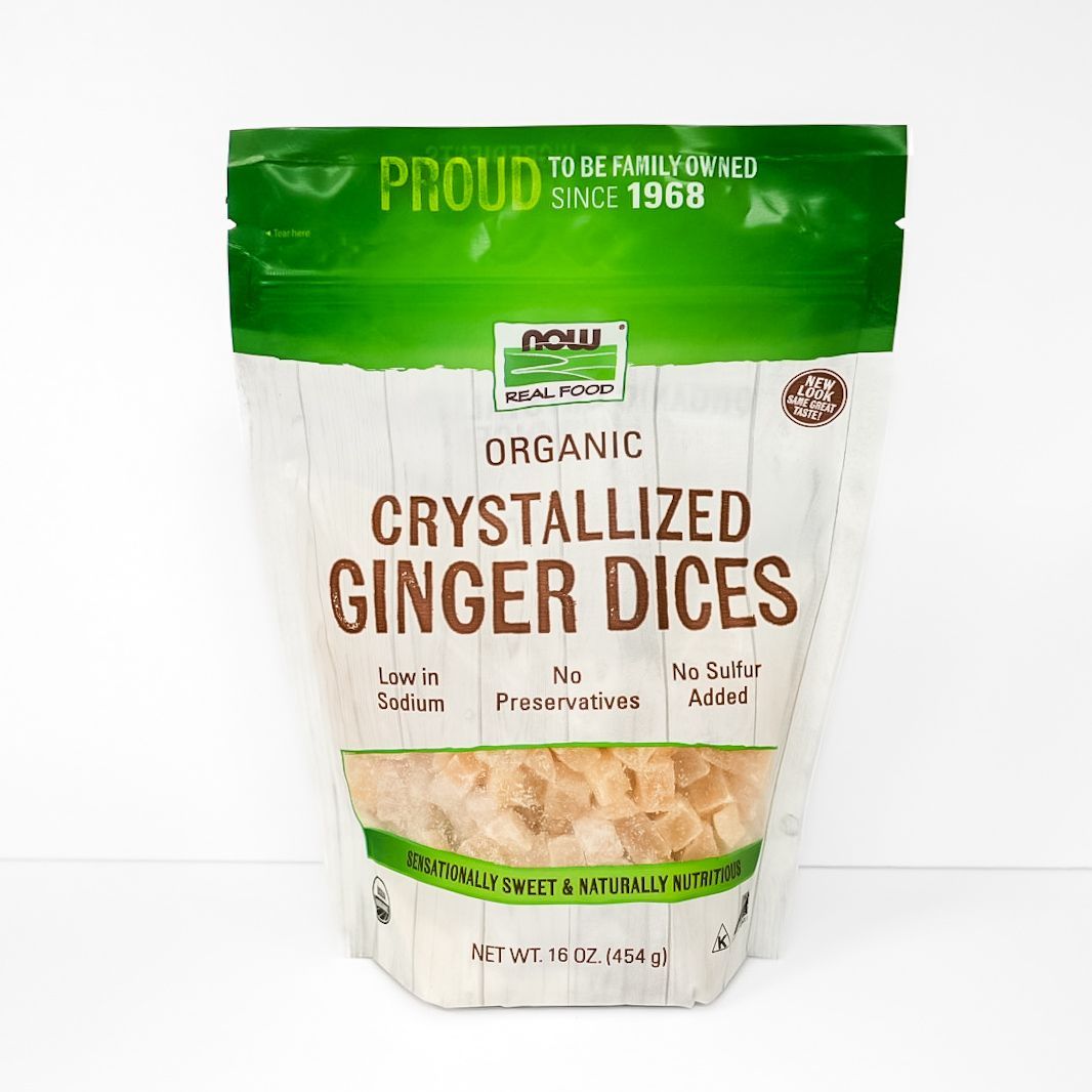 Bag of NOW organic crystallized ginger dices, white and green packaging