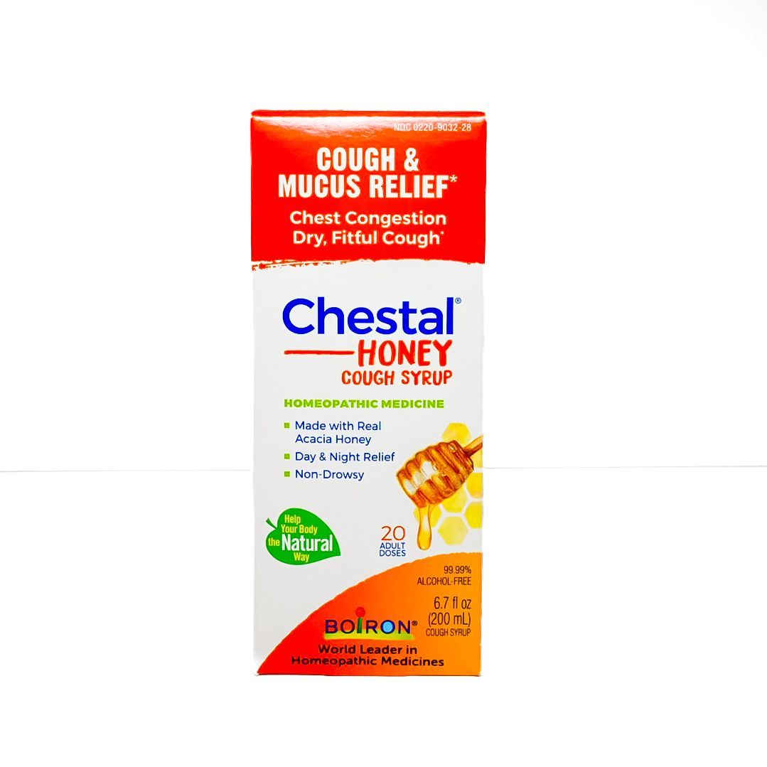 Chestal Honey cough syrup box, red and white packaging for cough and chest congestion relief