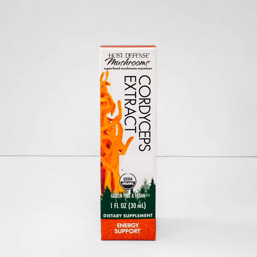 Cordyceps Extra mushroom supplement box with orange design on white background