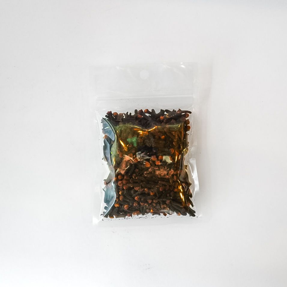 Small clear bag of black gloves with a bright yellow label on a white background
