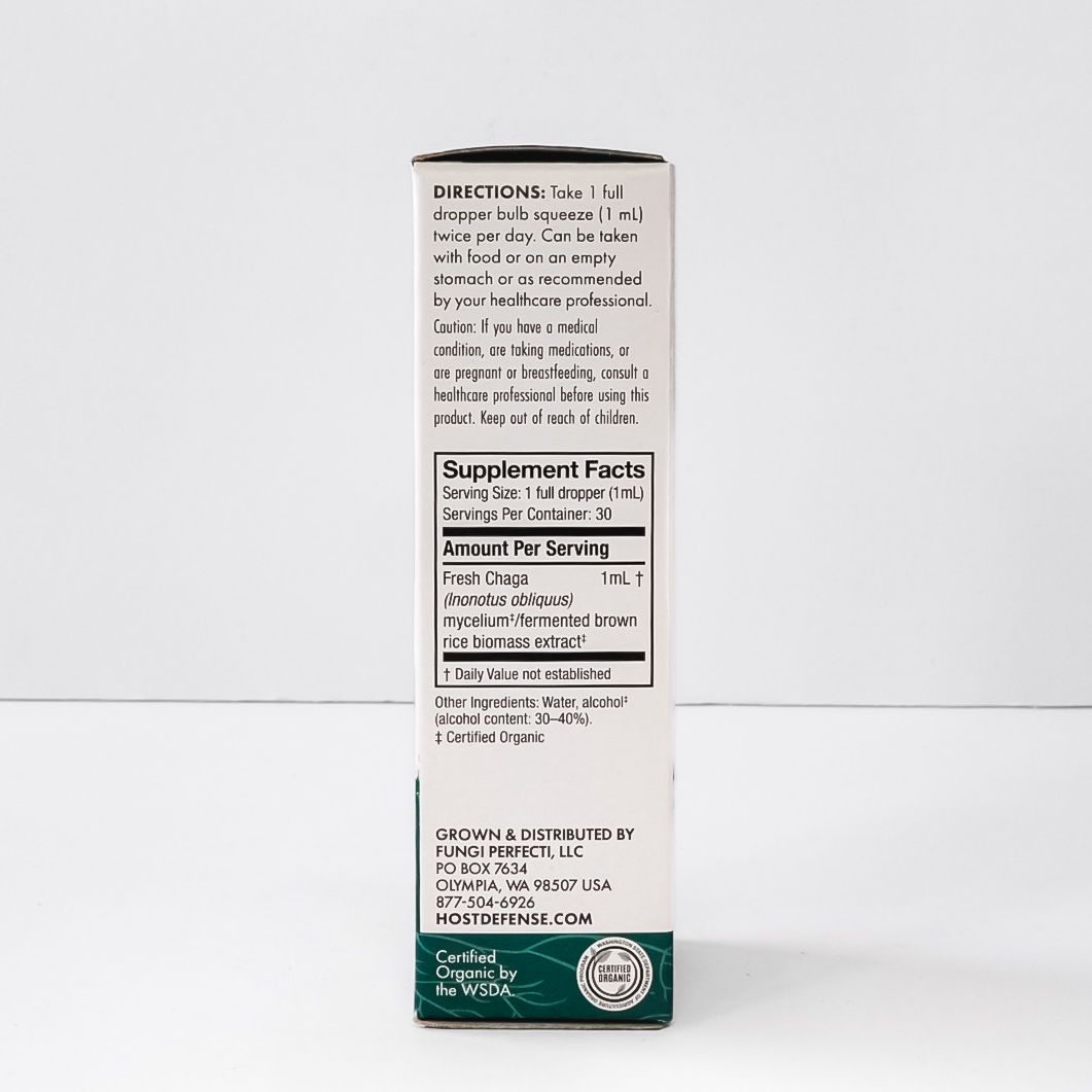 Chaga extract supplement box with orange and green accents on a white background