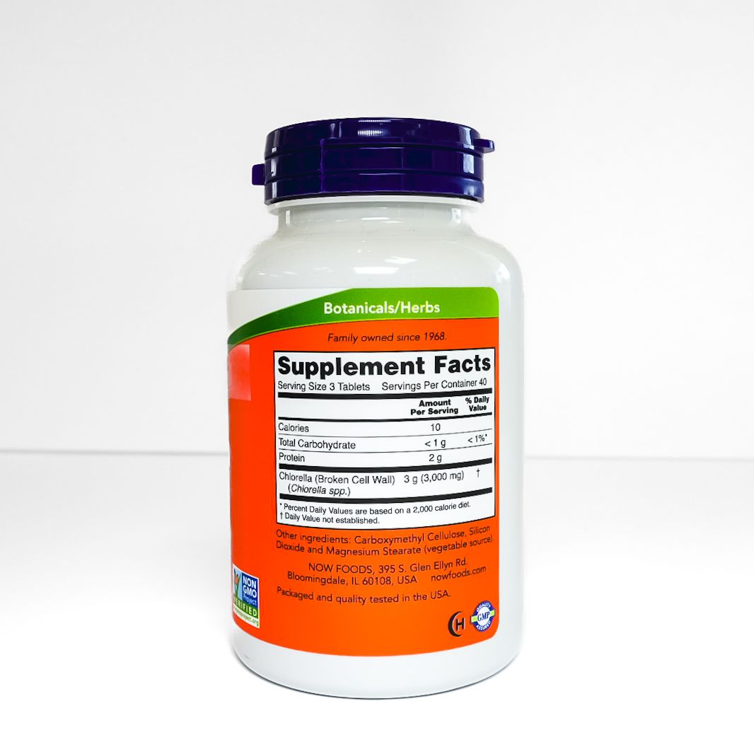 NOW Chlorella 1000 mg supplement bottle with purple cap and orange label