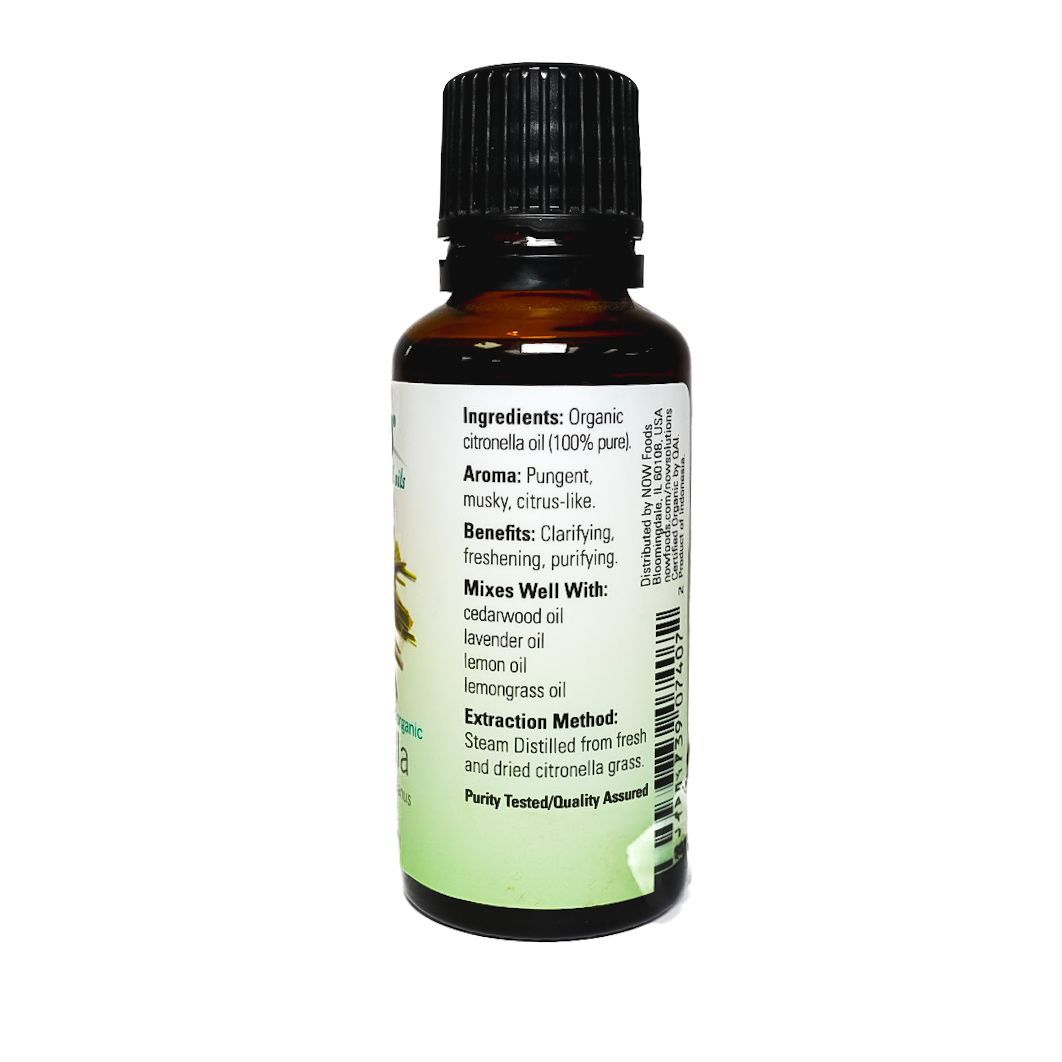 NOW Essential Oils citronella bottle with black cap on white background